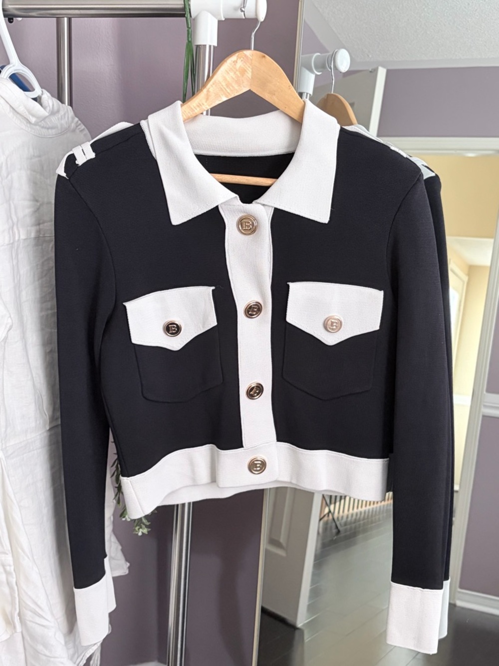 Black & White Cropped Button-Up Cardigan